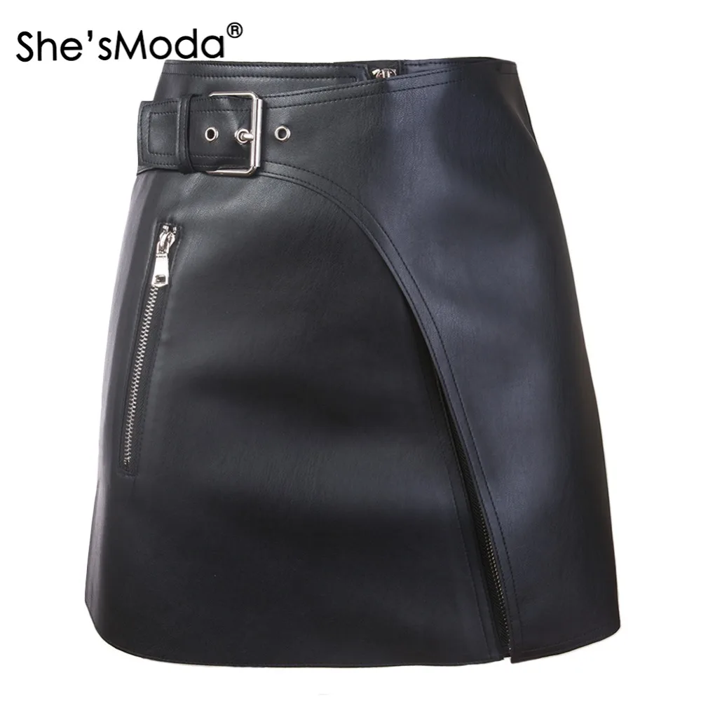 

She'sModa Belt PU Leather Women's Spring & Winter A-line Mini Skirt