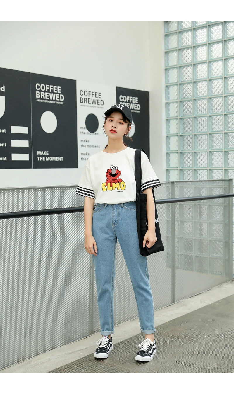 New Cotton Harajuku Kawaii T Shirt Lovely Funny Sesame Street Elmo Cartoon Print Strpied Spliced Tops Tee Shirt Femme Streetwear (8)