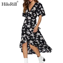 Пляжное платье с цветочным принтом летний, бохо-стиль шифоновое платье с оборками повседневное короткий рукав сексуальные v-образным вырезом Вечерние платья халат