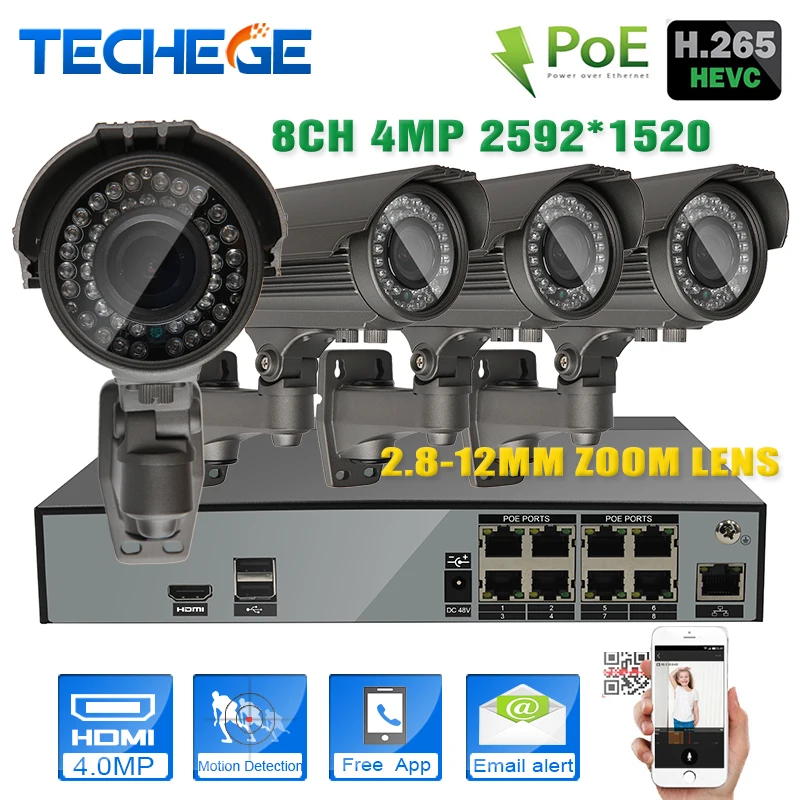H.265 8CH 5MP POE NVR 2.8-12mm varifocal lens 4.0MP IP Camera POE System P2P Cloud 8CH POE NVR System Support PC&Mobile View
