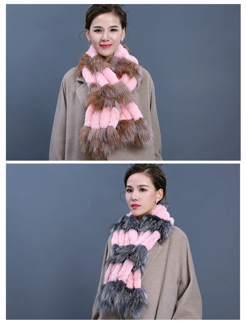 Factory Direct New Real Fur Scarves For Women Handmade Natural Rex Rabbit Fur Scarf With Sliver Fox Fur Wraps (15)