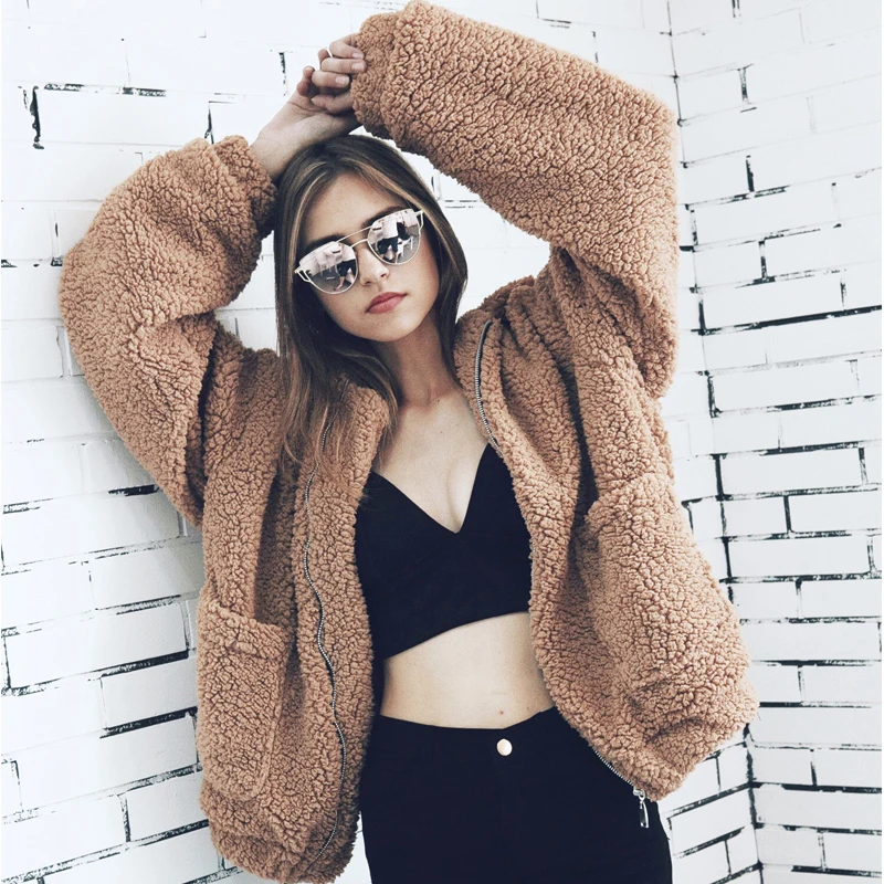 

Womens Lambswool Loose Vintage Coat Pocket Jacket Autumn Winter Warm Zipper Stand Collar Oversize Outerwear Overcoat
