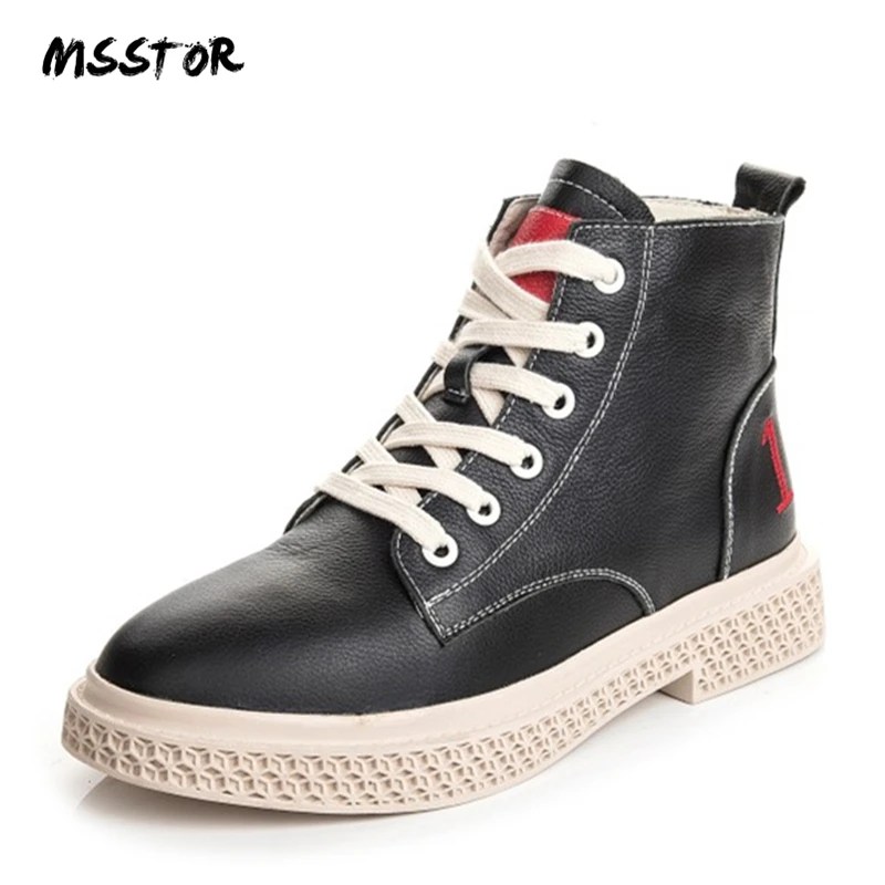 

MSSTOR 2018 New Mixed Colors Flat Boots Fashion Black Round Toe Platform Autumn Office Lace Up Boots Rubber Ankle Boots Women