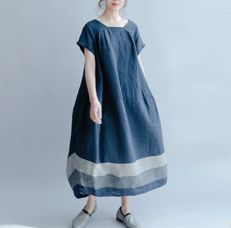 2019 летнее комбинированное платье новое плюс размер женское льняное Хлопковое платье макси с коротким рукавом S-5XL