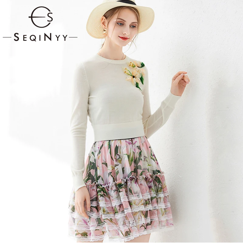 

SEQINYY Women Set 2020 Summer Spring New Fashion Design Long Sleeve Romantic Lily Flowers Brooch Sweater + Chiffon Lace Skirt