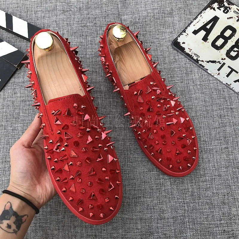 Couro Macio Nighclub Handmade Fashion 01 Vermelho Sapatos Camurça Homem Homens De Rebites 2018 02 Fundo Prom Party 46Ynq