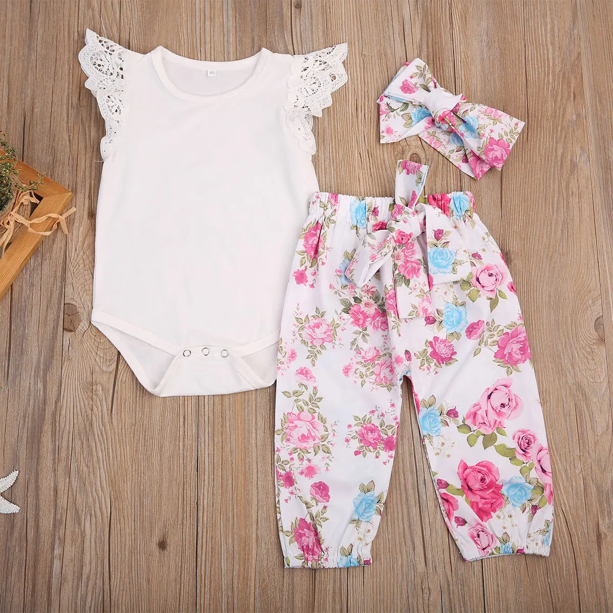 3PCS Set Infant Toddler Baby Girl Lace Tops Romper +Floral Pants Outfit