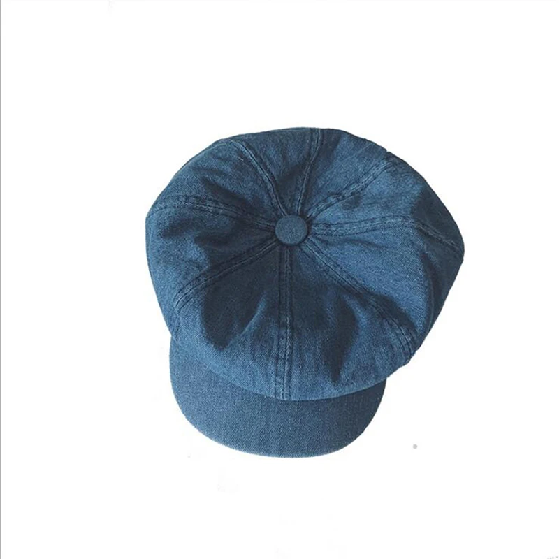 GAOKE Vintage Unisex Newsboy Denim Cap Autumn Cowboy Hat Women Male Octagonal Hat Cabbie Driver Cap Flat Top Korean Painter Hats