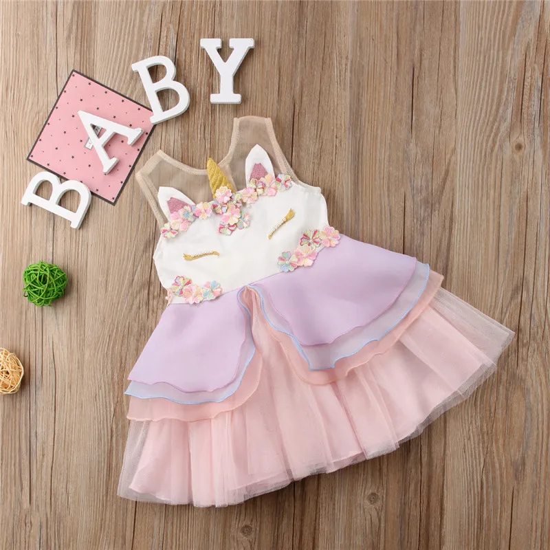 

Cartoon Unicorn Kids Girl Lolita Chiffon Tulle Mesh Party Fancy Dress Birthday Outfits Toddler Children Ball Gown Dresses