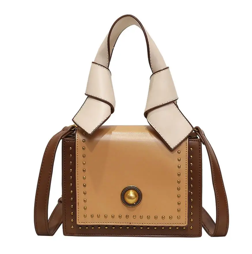 Роскошная сумка модная новая сумка с заклепками Высококачественная женская дизайнерская сумка из искусственной кожи Портативная сумка через плечо - Цвет: Коричневый