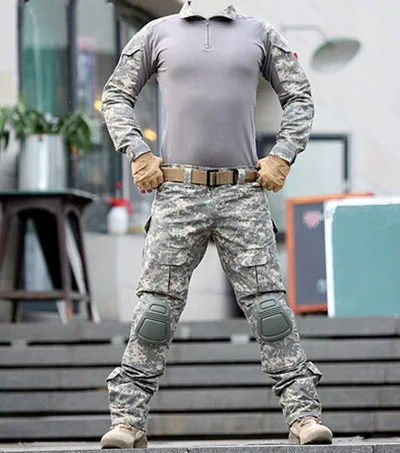 Армейская военная форма камуфляж боевой костюм Airsoft войны игры Костюмы рубашка+ брюки карго наколенники - Цвет: ACU