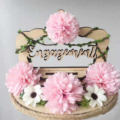 On sale custom name Anniversary Engagement rings bearer pillow wood wedding flower rustic ring box - Цвет: pink colors