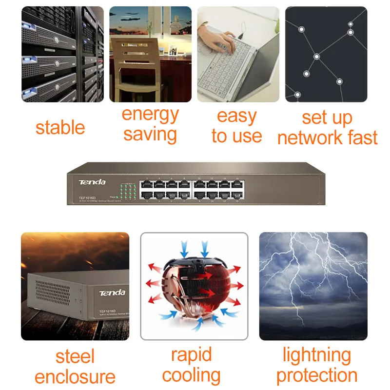 Tenda TEF1016D 16 port 10/100M быстрый сетевой коммутатор, 3,2 Гбит/с, Auto MDI/MDI-X, полудуплексный, 6кВ молниезащита
