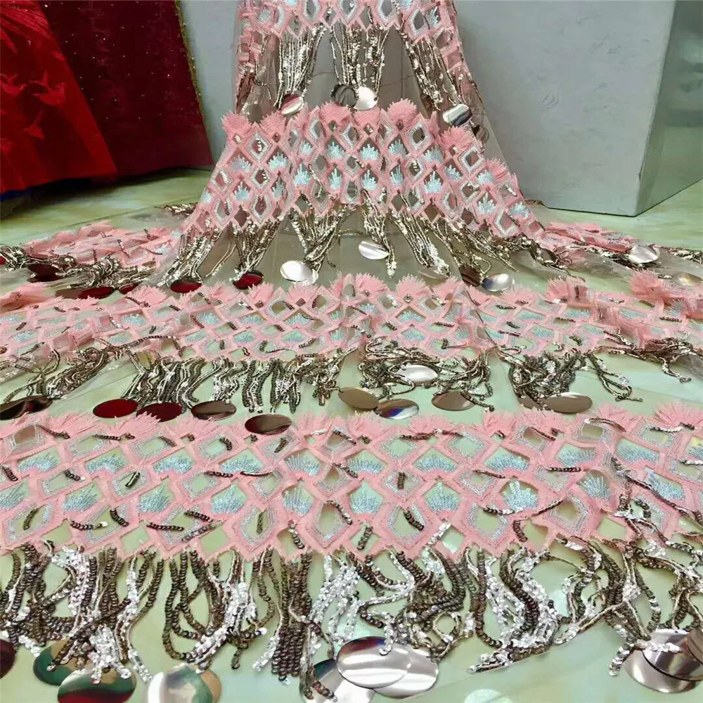 

2018 Latest Nigerian stylish Mesh Lace Fabric with sequins with High Quality African sequin lace fabric for dress HJ709-1