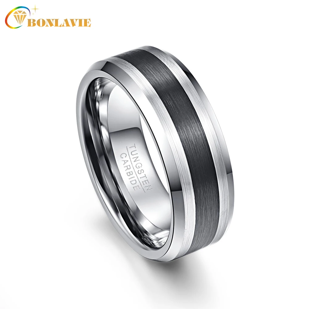 

BONLAVIE Men's 8mm Black Brushed Finish Beveled Tungsten Wedding Rings Comfort Fit Size 7 to 12