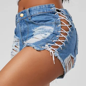 

Women Summer Sexy Denim Shorts Pants Black Blue High Waist Hole Ripped Short Jeans Lady Femme Tassel Lace Up Bandage Hotpants