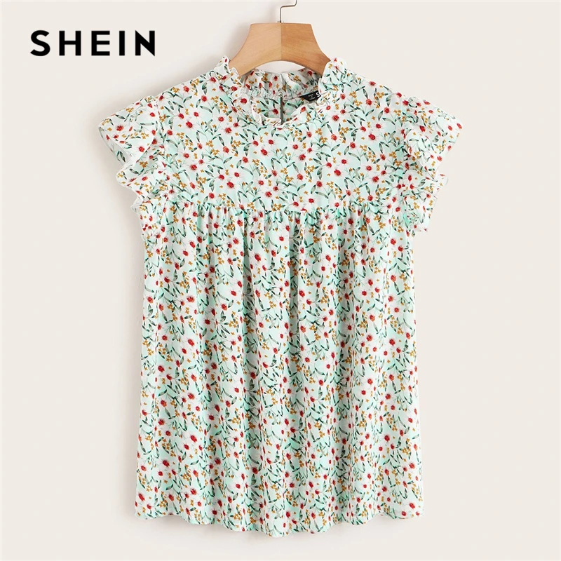 

SHEIN Buttoned Back Ruffle Trim Ditsy Floral Print Top Fashion Women Clothing Summer 2019 Sleeveless Stand Collar Blouses