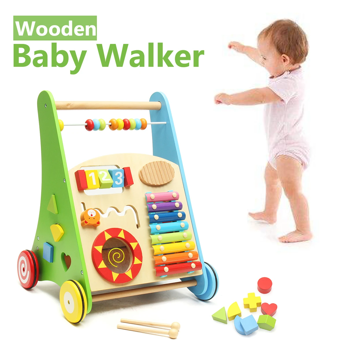 

Children Wooden Cabinets Baby Learning Walker Activity Push Walker Colourful Toy & Gift Instrument