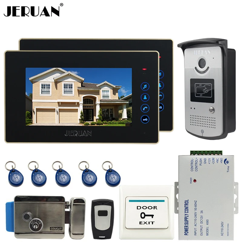 JERUAN 7 ''сенсорный ключ Цвет Экран Видеомонитор Интерком Системы 2 монитор + 700TVL RFID Доступа Камера + электронный замок