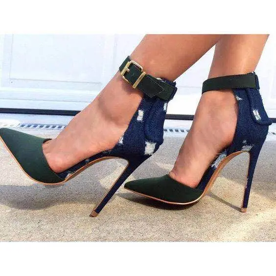

Women Sexy Pointed Toe Blue Denim Cut-out Patchwork Dress Shoes Army Green Color Block Ankle Buckle Strap Gladiator Sandals