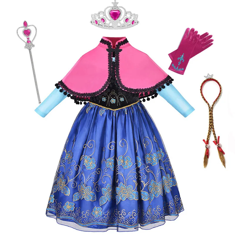 Маскарадный костюм принцессы Анны для девочек 4, 6, 8, 10, 12 лет, Детские вечерние костюмы Анны, бальное платье с накидкой - Цвет: Dress Set-4