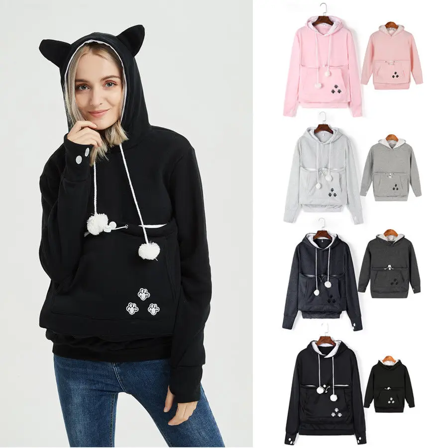 

Women Family Matching Hoodies Sweatshirt Kangaroo Pet Dog Cat Holder Carrier velvet Hooded Coat Pocket Hoodie
