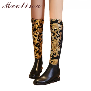 

Meotina Knee High Boots Genuine Leather Luxury Boots Women Thick High Heels Glitter Winter Boots Black Riding Boots Female Shoes