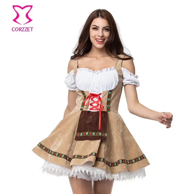 

Brown Dirndl Maid Sexy Oktoberfest Beer Girl Costume Maid Wench Germany Bavarian Short Sleeve Fancy Dress Dirndl For Adult Women