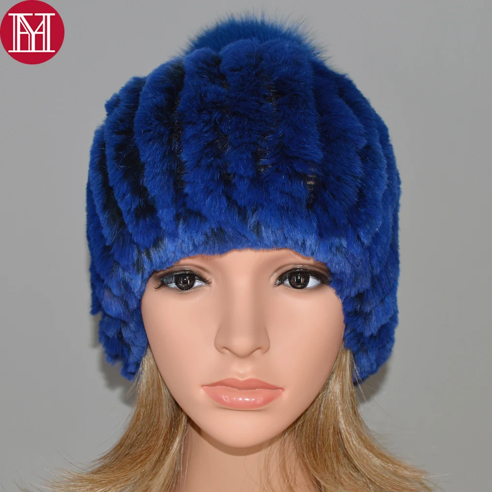 

New Women Knitted Striped Natural Rex Rabbit Fur Skullies Hat Winter Lady Rex Rabbit Fur Hats Girls Real Big Fox Fur Ball Caps