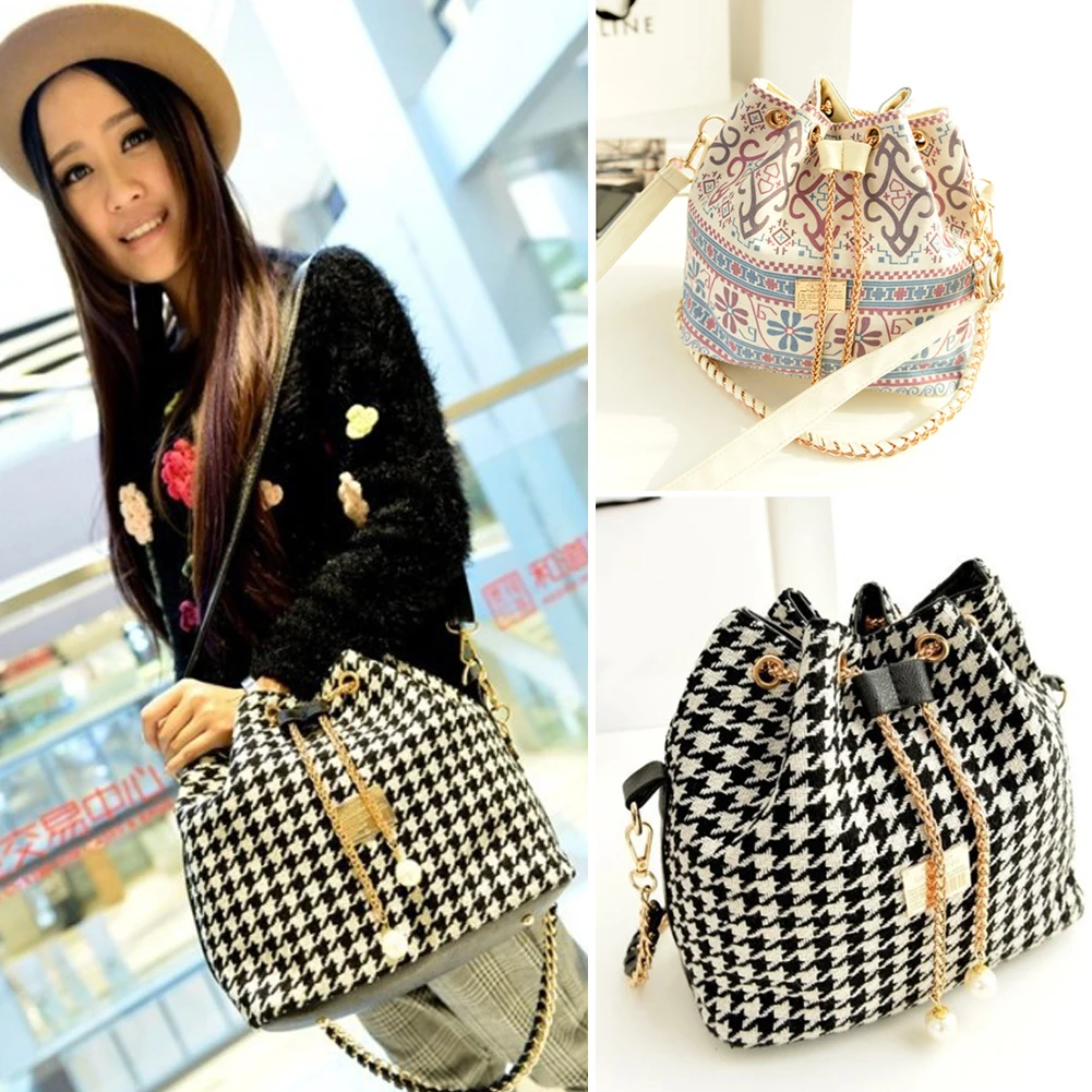 

Drawstring Bucket Chain Bag, Girls Ladies Canvas Crossbody Sling Bag Fashion Folk Style Print Chain Shoulder Bags
