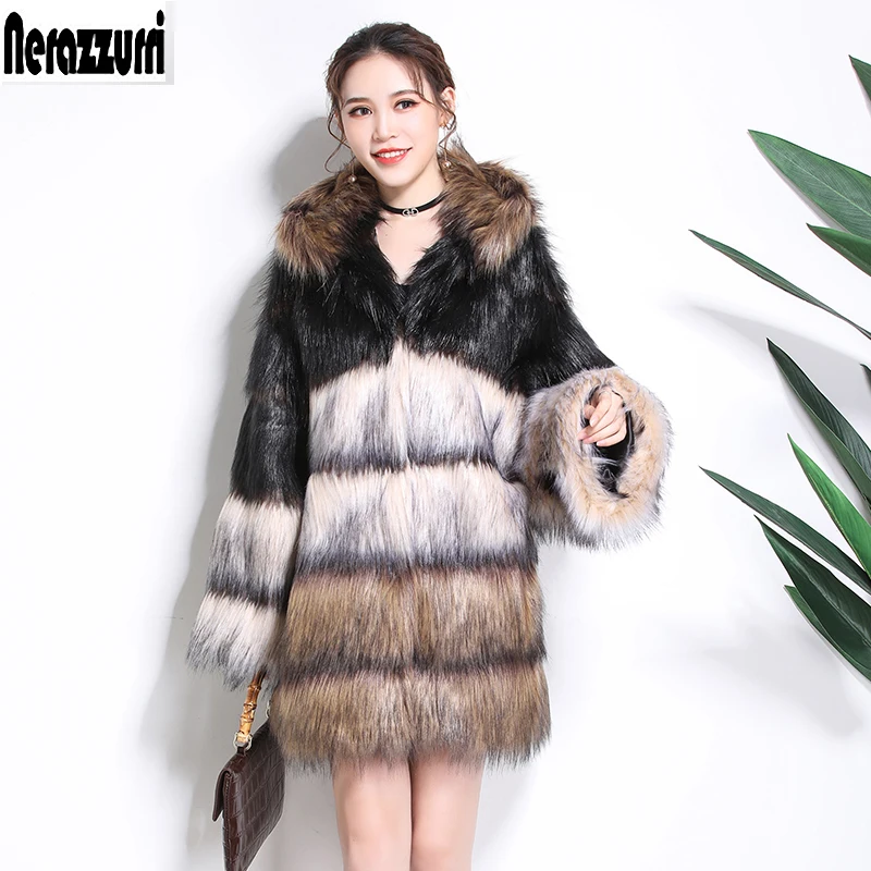 Nerazzurri, зимнее пальто с искусственным мехом, с большим капюшоном, с длинным рукавом, утолщенное, теплое, много цветов, с мехом лисы, куртка, одежда оверсайз