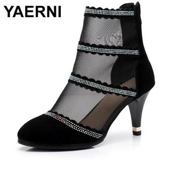 

YAERNI 2018 spring summer pointed head mesh high-heeled diamond large size women's net boots hollow Thin heels Female boty obuv