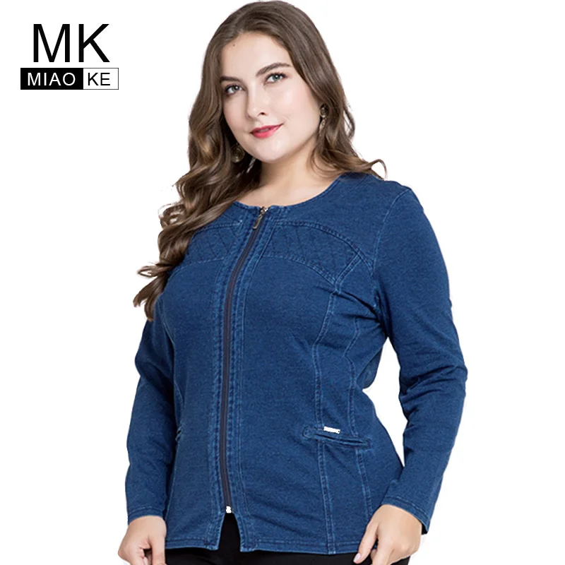 Miaoke 2018 plus size denim jacket women clothes Fashion Long sleeves round neck zipper short jacket Large size 4xl 5xl 6xl