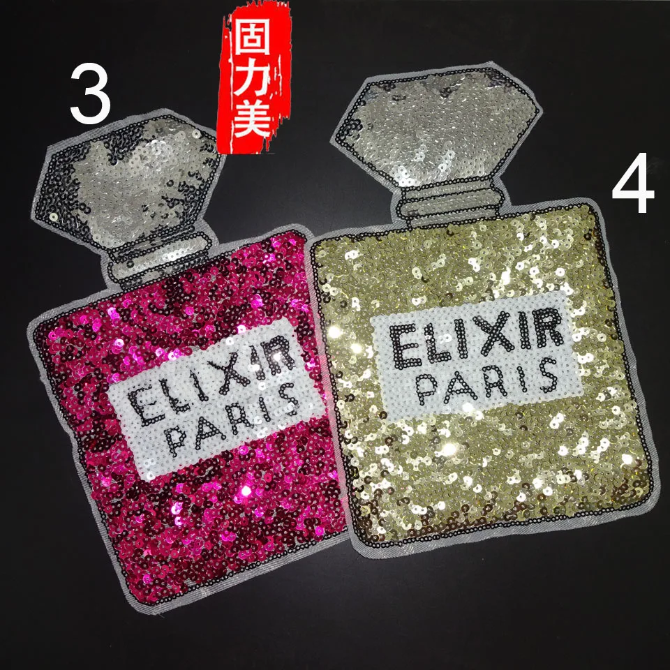 

1pc Fashion sequin purple and gold Perfume bottle patch embroidery cloth T-shirt stickers clothing Hot-fix Iron On Lace Applique