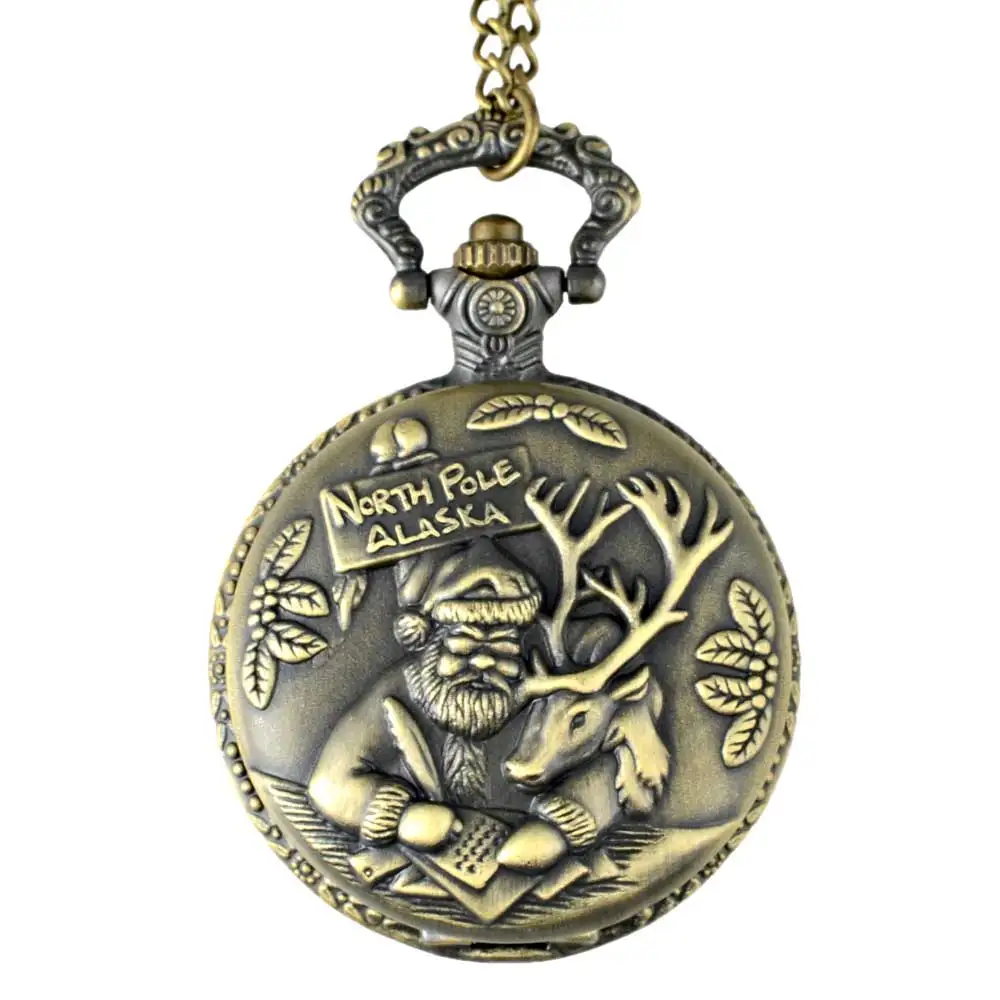 Винтажные бронзовые северные полюс Аляска кварцевые карманные часы для мужчин и женщин подвеска с Санта-Клаусом ожерелье часы для рождественского подарка