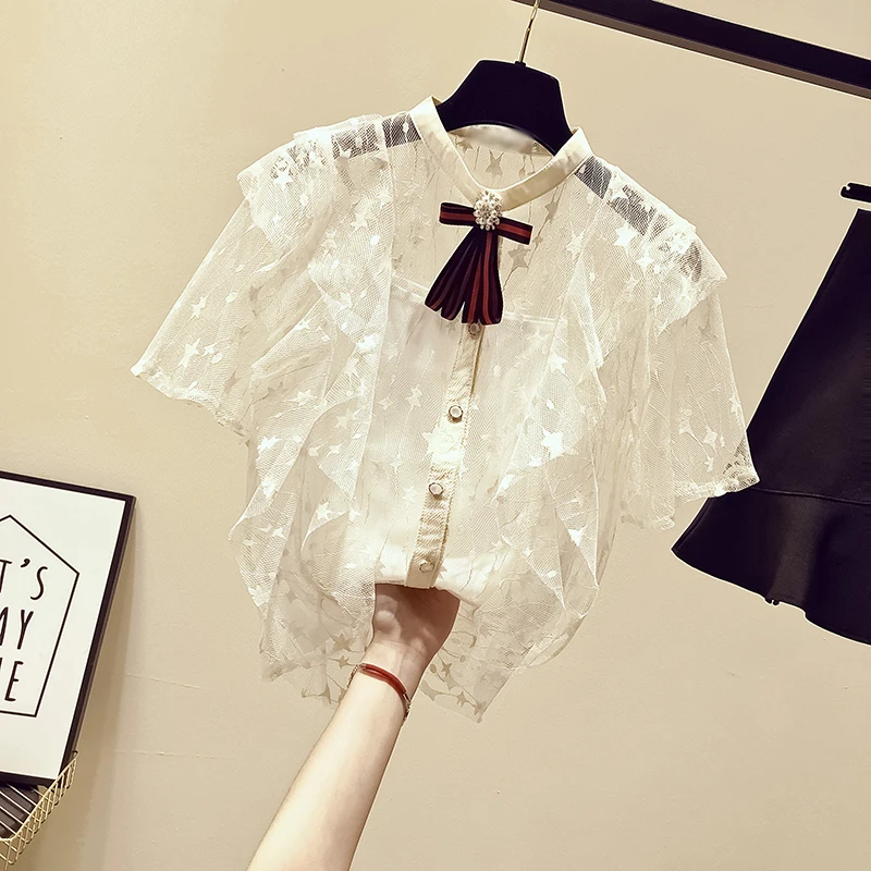 

MUMUZI Women white Tops chiffon shirt short sleeve 2019 summer new women's ruffled blouses lace slim shirts with bow