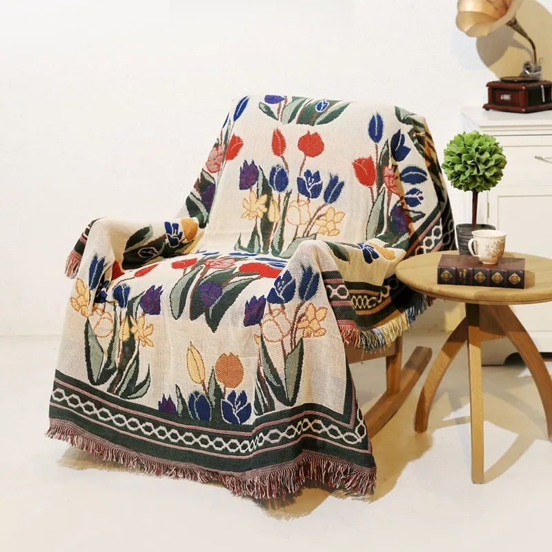 

Flowers Vintage blanket double sided cotton knitting wall tapestry sofa towel bed cover carpet farmhouse decor wall hanging