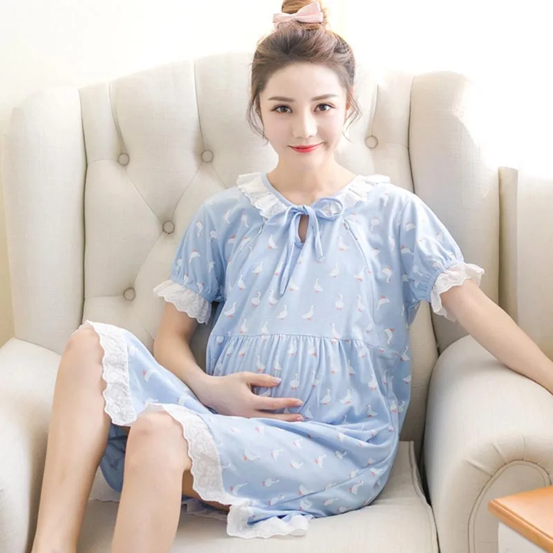 Летние для беременных Для женщин грудного вскармливания пижамы с коротким рукавом месяц дома Услуги кормящих одежда сосания кружевная юбка принцессы