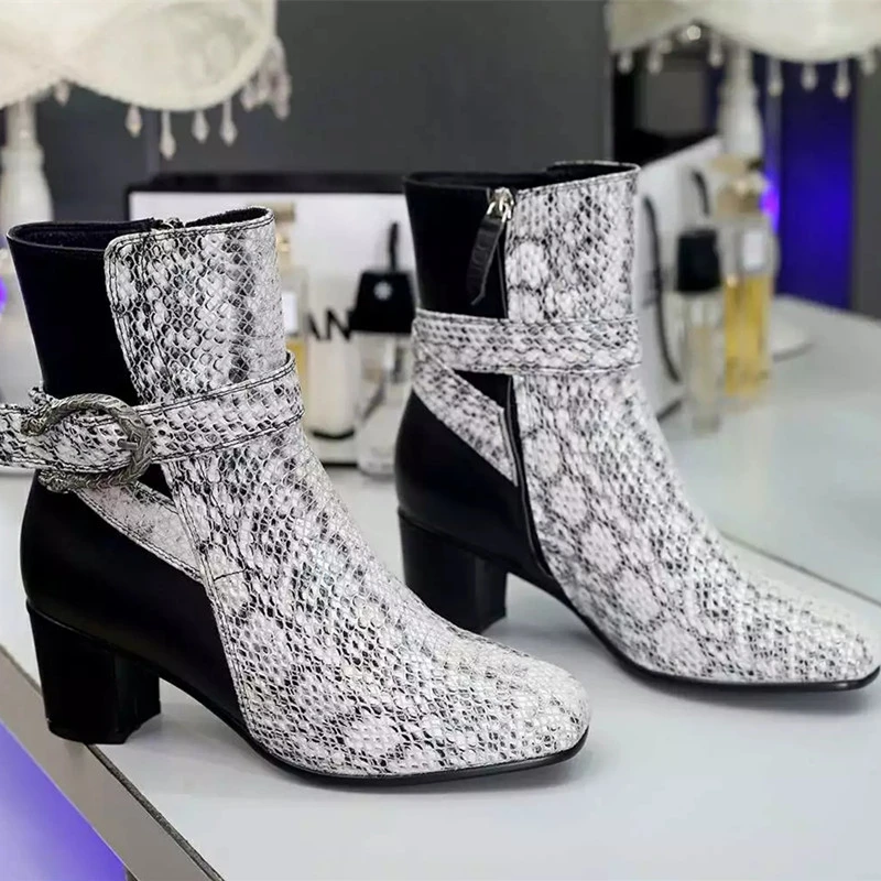 

Snakeskin Autumn Boots Women 2017 EuropeanFamous designer Booties Shoes Med Heel Sexy Ladies Short Boots New brand Shoes D639