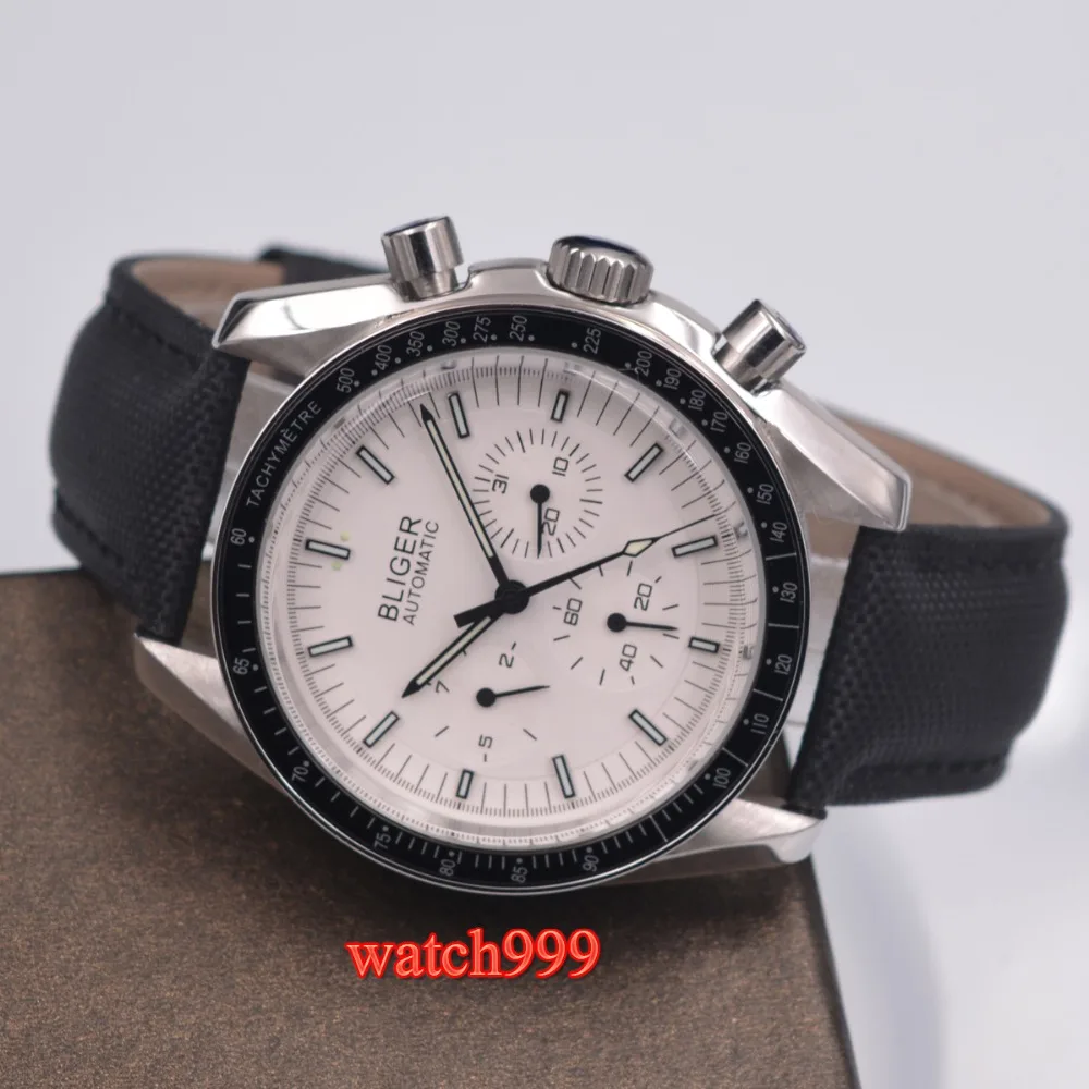 Мужские часы Bliger с белым циферблатом, многофункциональные механические Автоматические Мужские часы, 40 мм