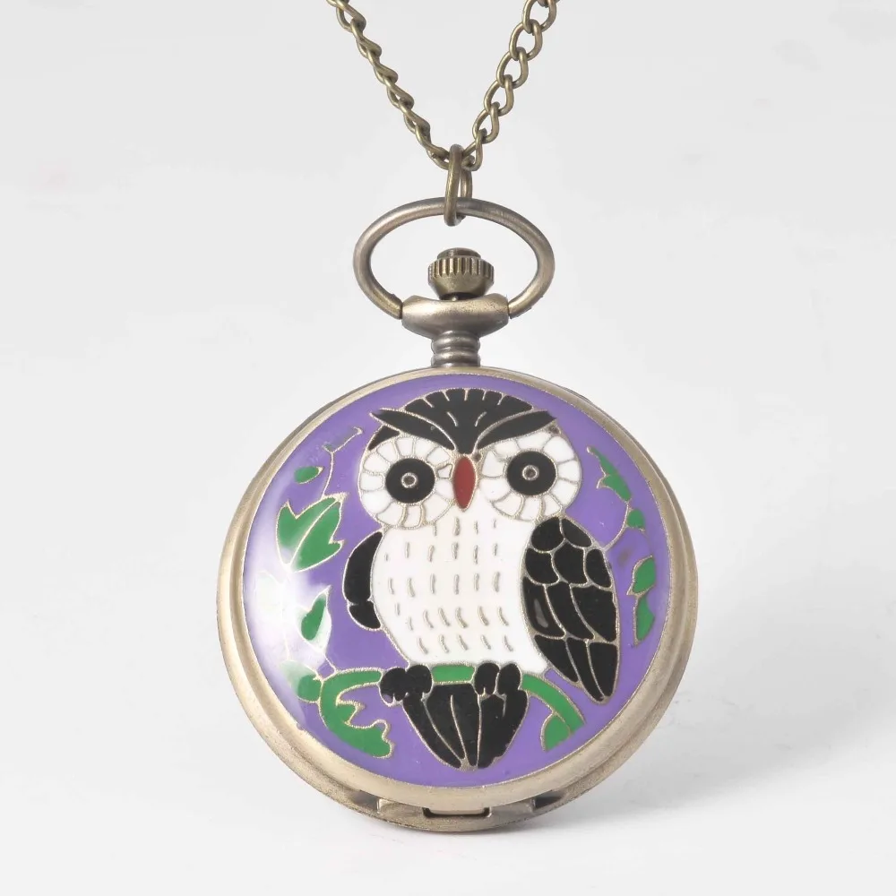 

Classic Owl Purple Case Quartz Pocket Watch Bronze Antique Necklace Pendant Chain Ms. Men's Watch Birthday Gift Pocket Watch