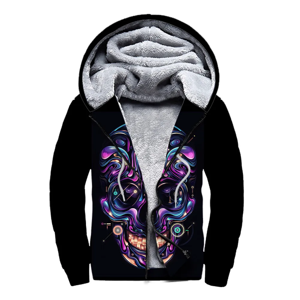 Plus Size Mens Winter Hoodies Purple Skull Printing Fitness Men's Black