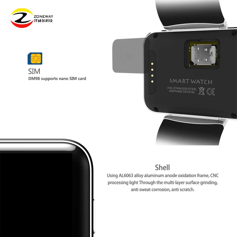  DM98 Smart watch MTK6572 Dual core 2.2 inch HD IPS LCD Screen 900mAh Battery 512MB Ram 4GB Rom Andr