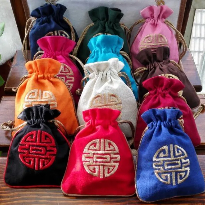 Льняные хлопковые небольшие сумки на шнурке для путешествий, сумки для хранения ювелирных изделий, китайский стиль, вышивка шоколада для конфет и чая, Подарочная сумка на день рождения