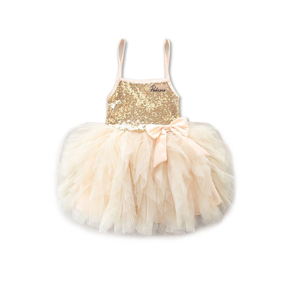 

Gold and Gray Princess Kids Girls Dresses Lace Bowknot Sequins Tulle Tutu Summer Dress Wedding Party
