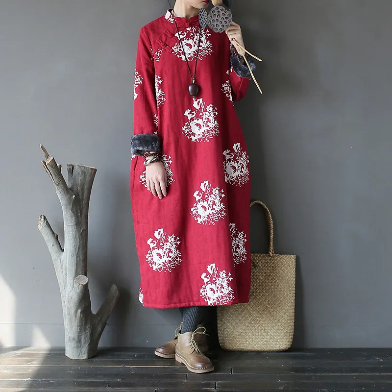 Johnature, новинка, зимнее женское винтажное платье с цветочным принтом, плотное теплое платье на пуговицах, оригинальное платье Чонсам в китайском стиле