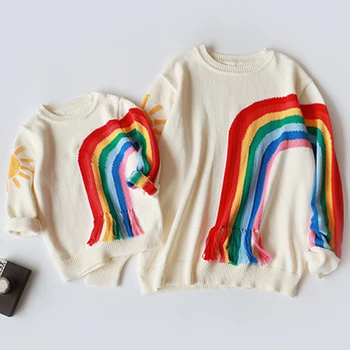 

Family Clothing Autumn Fall Mom Daughter Family Clothes Rainbow Sweater Knitwear Sweater Pullover Mom Son Keep Warm Clothes