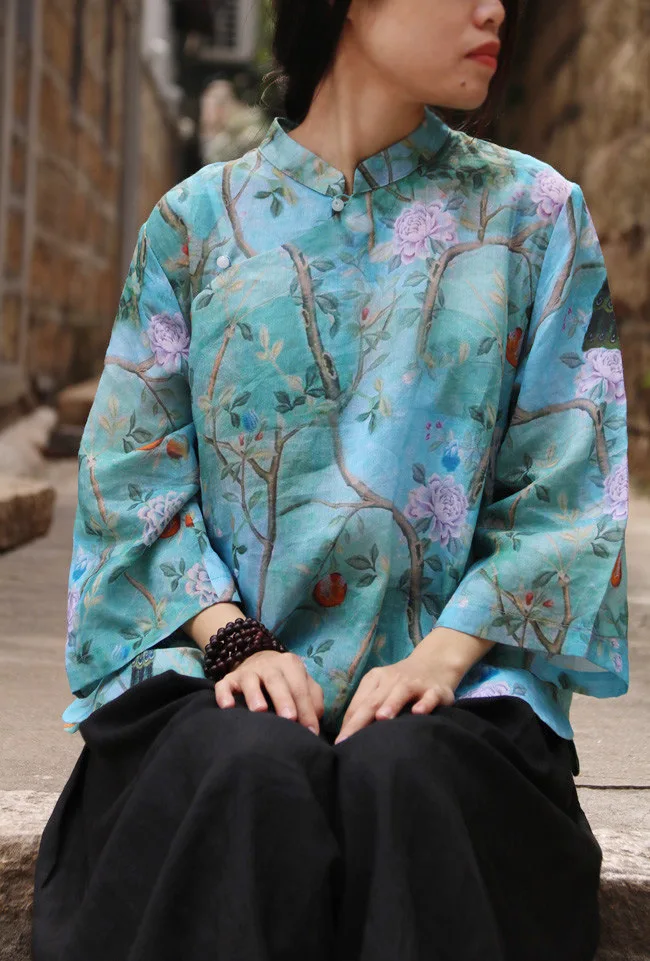 Летняя Новая Винтажная льняная рубашка с цветочным принтом павлина, стоячим воротником и пуговицами из бисера, традиционная элегантная женская Свободная одежда для чая, блузки