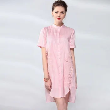 

Summer Dress Vintage Shirt style Women Short sleeve Stand collar high quality Ramie Fashion Elegant irregularity Dresses Female