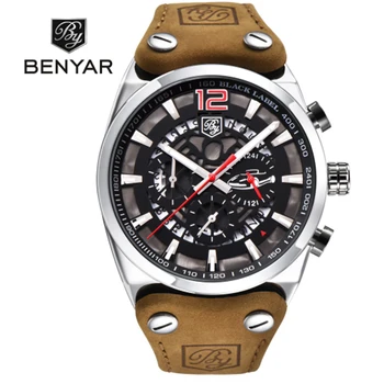 

BENYAR large dial design Sport Chronograph men's watch military brand fashion waterproof multi-functional brown leather belt